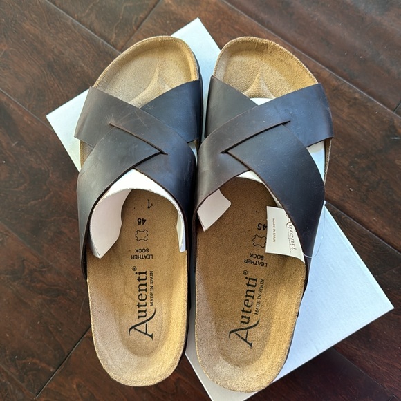 Autenti ‘Crazy Horse’ dark brown leather slides leather footbed NIB sz 12 SPAIN - Picture 4 of 5